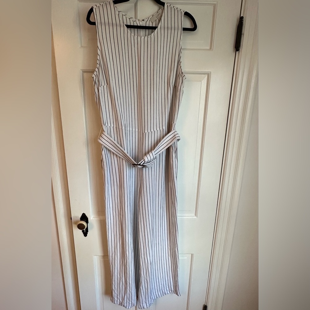 LOFT White Linen with Charcoal stripe Jumpsuit